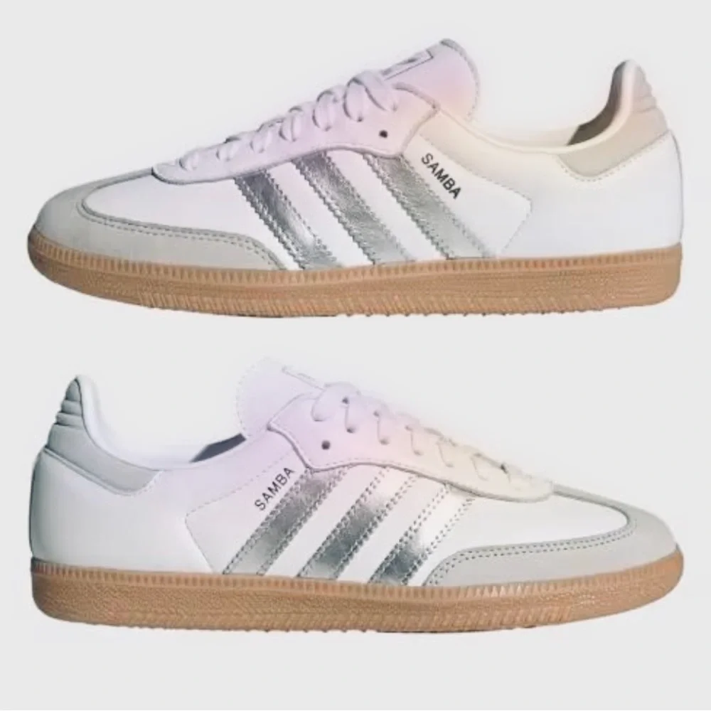 adidas White Leather Sneakers with Silver Stripes and Gum Sole
